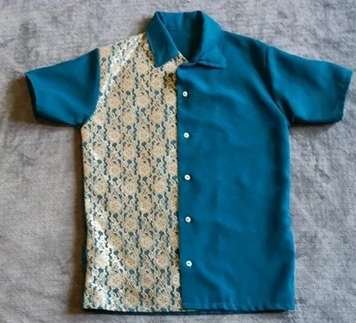 Indie Grunge Vintage Handmade Teal and Tan Lace Shirt, Skater, Small - Medium - Image 1 of 4