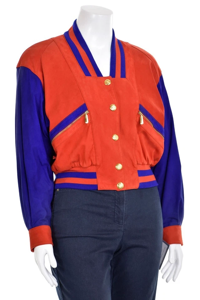 *¡RARO!* Abrigo Chaqueta Bombardero De Colección ESCADA Margaretha Ley Rojo/Azul Gamuza Talla 40/10 Foto 1 de 4