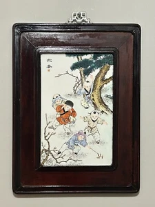 Antikes großes chinesisches Gemälde Porzellan Kinder Garten schwerer Holzrahmen 19x15 - Bild 1 von 17