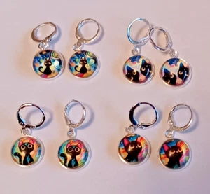 Pendientes de gato coloridos cabujón de 12 mm de circón cúbico de plata de ley 925 hechos a mano - Imagen 1 de 10