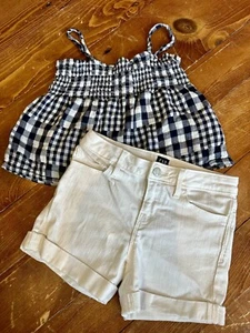 Girls Gap & Old Navy Outfit Size 7 - Navy/white Plaid Shirt & White Denim Shorts - Picture 1 of 5