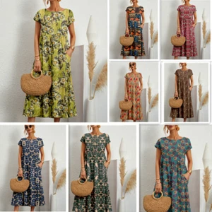 Womens Boho Floral Maxi Dress Ladies Short Sleeve Casual Loose Holiday Sundress - Picture 1 of 20