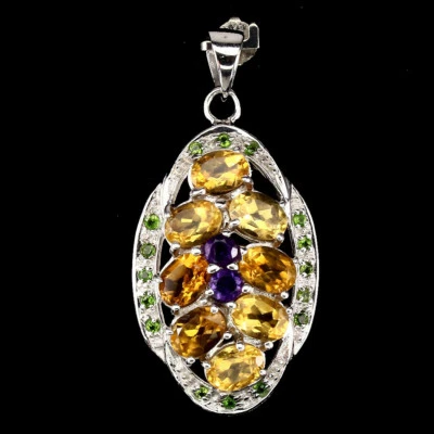 925 Pendente Argento Sterling Ovale Citrino Ametista Diopside Gemma Gioielli - Immagine 1 di 4