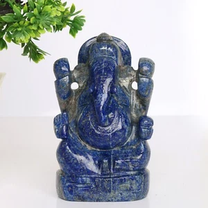 4" Statue God Ganesha Ganesh Figurine Natural Lapis Lazuli Stone Handmade 373g - Picture 1 of 5