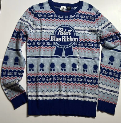 PBR Pabst синяя лента пива праздник уродливый Рождественский свитер мужской маленький синий новый - Изображение 1 из 4
