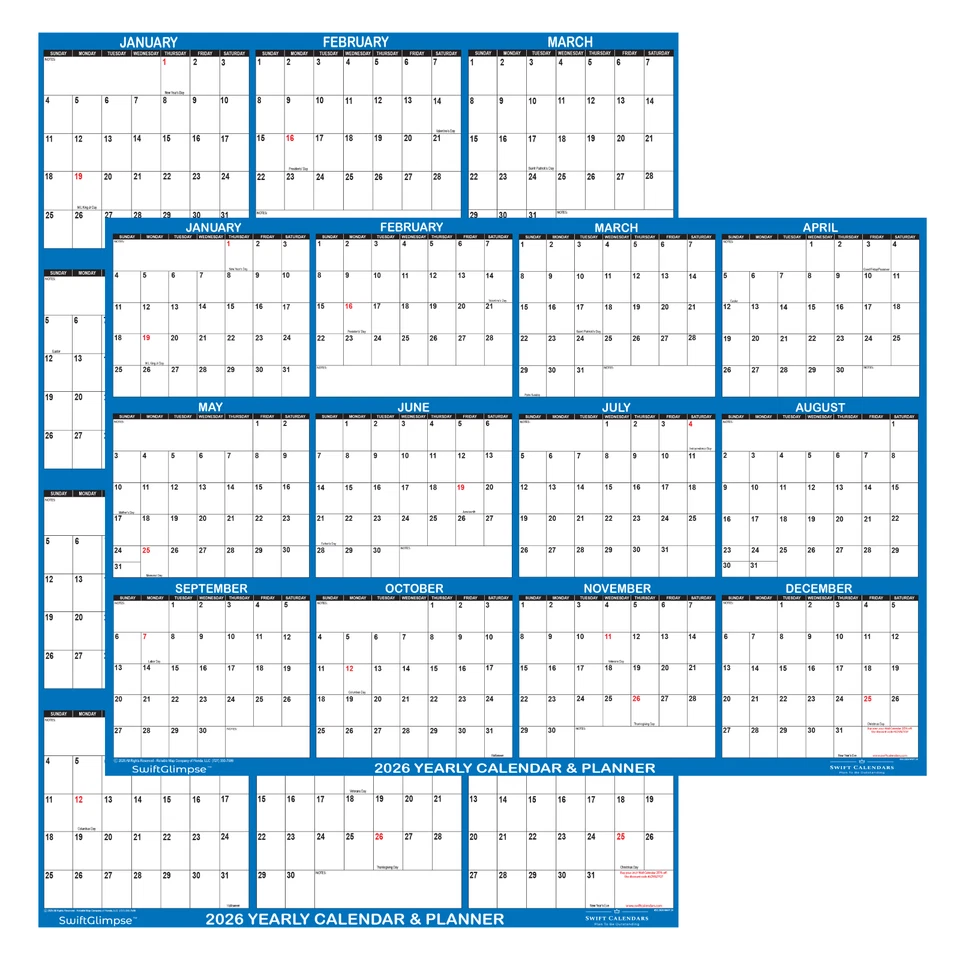 Calendario de pared anual borrable 32" x 48" SwiftGlimpse 2026 - AZUL MARINO Foto 1 de 4