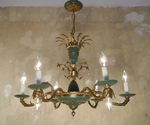 ANTIQUE EMPIRE CHAnDELIER MEDIUM BRASS GREEN VARNISH LAMP FRENCH Ø 26" - Picture 1 of 10