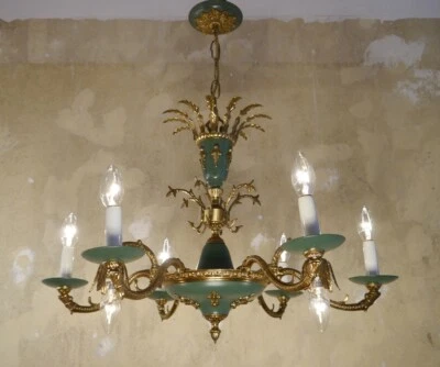 ANTIQUE OLD EMPIRE CHAnDELIER MEDIUM BRASS GREEN VARNISH LAMP FRENCH Ø 26" - Image 1 of 4