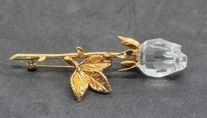 Beautiful Rose Brooch Pin Crystal Memories Goldplated One Stem Three Leaves - Picture 1 of 10