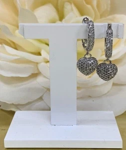 925 Sterling Silver 0.50 CT Moissanite Pave Hoop Heart Dangle Wedding Earrings - Picture 1 of 7