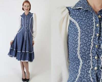 Vtg 70s Gunne Sax Cottagecore Dress Button Up Pockets Boho Wedding Wht Sleeve - Image 1 of 4