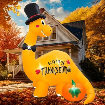 BLOWOUT FUN 8FT Inflatable Dinosaur with Top Hat Bow Tie and Pumpkin