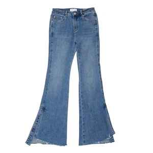 Jeans Urban Revivo para mujer 2 aberturas dobladillo crudo acampanado tiro alto azul claro denim elástico - Imagen 1 de 11