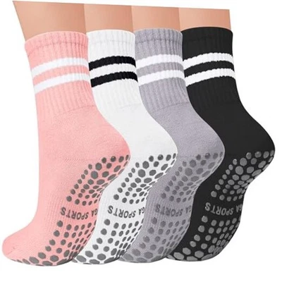  Meias de Pilates Femininas com Tamanho Único Conjunto de 4 Pares - Rosa, Branco, Cinza, Preto - Imagem 1 de 4