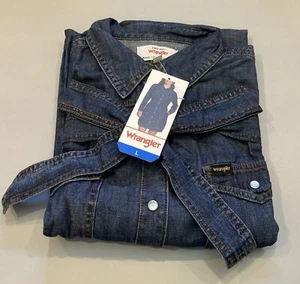 Wrangler Retro Denim Shirt Dress Women's L Blue Pearl Snap Western Cowgirl NWT - Picture 1 of 6