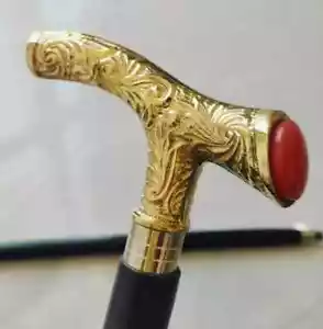 Antique Brass Designer Handle Vintage Walking Cane Wooden Walking Stick Men's - Picture 1 of 6
