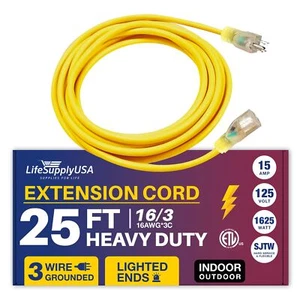 25ft Power Outdoor Extension Cord & Indoor - Waterproof Electric Drop Cord Cable - Picture 1 of 7