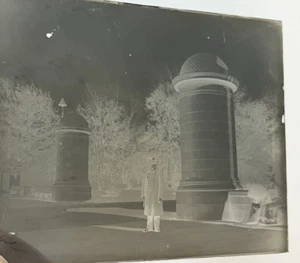 Antique Glass Plate Negative Man In Uniform Likely Cemetary Pillars Ladies 1900s - Picture 1 of 5