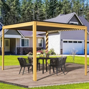 Domi 10x10FT Louvered Pergola Wood Grain Aluminum Pergola W/Adjustable Roof - Picture 1 of 8