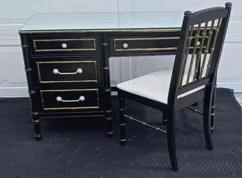 Vintage Mid Century Faux Bamboo Black & Gold Desk With Chair Mirror Top Cover