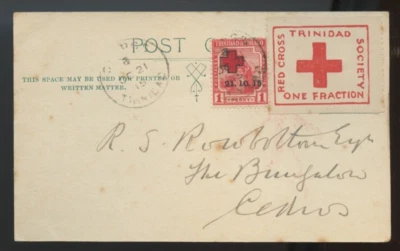 🍁 Cartão postal RARO Trinidad e Tobago 1915 capa CRUZ VERMELHA etiqueta fração sobreimpressão - Imagem 1 de 2
