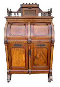 STANDARD GRADE BURL WALNUT PAT. WOOTON DESK W/ORIGINAL KEY 70 1/2” X 44” X 32” - Picture 1 of 24