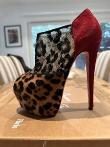 GORGEOUS Christian Louboutin Black Red Pony Leopard Luxor Lace 160 SZ 39.5 Booty - Picture 1 of 13