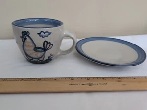 MA Hadley Pottery Stoneware Coffee/Tea Flat Cup + Saucer Chicken The End 3" tall - Picture 1 of 9