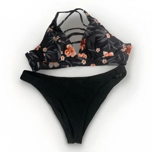 Two Piece Bathing Suit Large Black With Pink Flowers On Top New - Picture 1 of 2