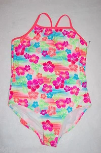 Girls 1 PC SWIMSUIT Green Pink Orange Blue NEON TROPICAL FLOWERS Size XL 14-16 - Picture 1 of 2