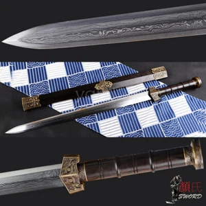 Chinese LiuBei Jian Damascus Folded Steel Ebony Handmade Sharp Double Edge Sword - Picture 1 of 12