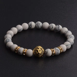 New Fashion 8mm Natrual White Turquoise Gold Lion Gemstone Handmade Bracelet - Picture 1 of 4