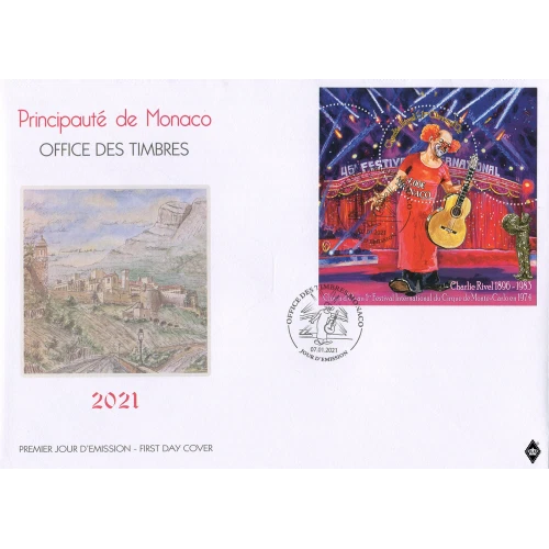 monaco 2021 125 an CLOWN GOLD 1974 CHARLIE RIVEL 1896 1983 circus cirque ms1 FDC - Image 1 of 1