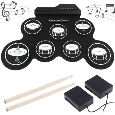 Electronic Digital USB 7 Pads Roll up Set Silicone Electric Drum Kit Drumsticks - image 1 of 4