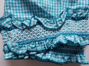 70s Smocking knickers Girls pants Smocking capri blue white gingham Unused Vtg  - Picture 1 of 6