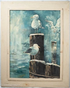 Vintage Karen Rinaldo Impressionist Ölgemälde Möwen auf Pilings Cape Cod MA - Bild 1 von 8