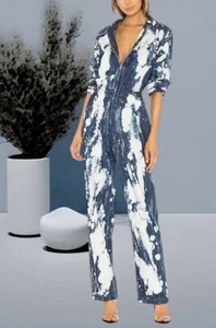 I AM GIA Boiler Suit Jumpsuit Medium Blue Acid Wash Long Elastic Tie Dyed Boho - Picture 1 of 12
