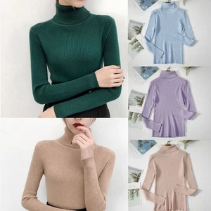 Knitted Basic Tops Turtleneck Jumper Women Sweaters Pullover - Picture 1 of 19