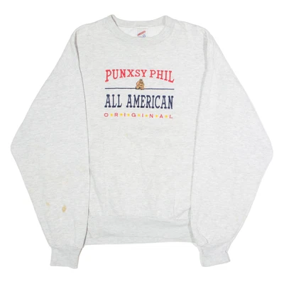 Moletom Masculino Vintage JERZEES Punxsy Phil Dia da Marmota Cinza Anos 90 EUA L - Imagem 1 de 4