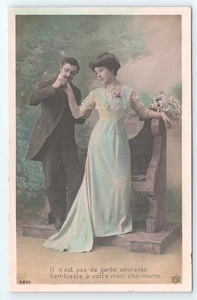 Postcard RPPC French Couple Studio Photo Garden Bench Scene 1909 Tinted a - Picture 1 of 2
