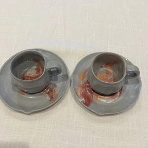 2 Handmade Pottery Cup & Saucer Set Engraved Handle - Picture 1 of 11