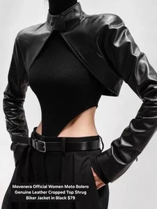 Plus Women Genuine Black Leather Bolero Moto Biker Cropped Top Jacket - Picture 1 of 1