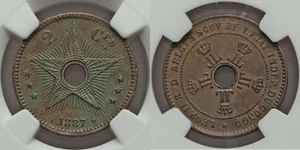 1887 Copper Coin Two Centimes Congo Free State or Belgian Congo Central Hole UNC - Picture 1 of 2