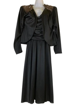 Vintage Black Evening Dress & Jacket Set Size 9-10 Disco Eighties Retro Sexy - Image 1 of 4