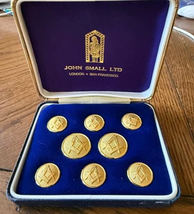 Vintage Masonic Blazer Button Set John Small London San Francisco NOS 8 w/Box - Picture 1 of 4