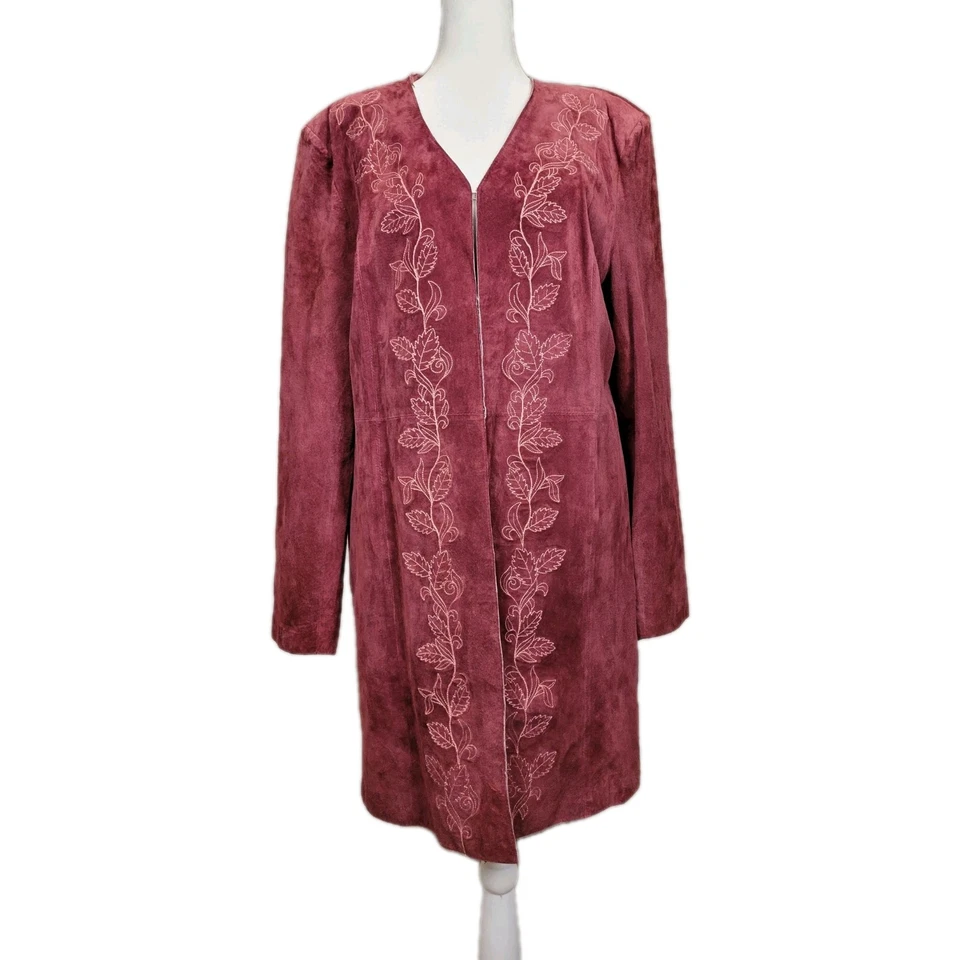 Chaqueta Larga Vintage Gamuza Cuero Mujer Grande Suave Hoja Borgoña Bordada Foto 1 de 4