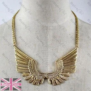 COLLANA BIG ANGEL WINGS piuma COLLARE METALLO vintage oro/argento antico pltd - Foto 1 di 12