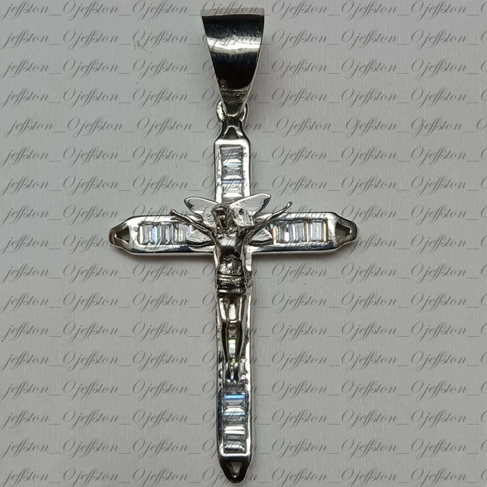 0.80 ct Baguette Moissanite 14K White Gold Plated Jesus Religious Cross Pendant - Image 1 of 4