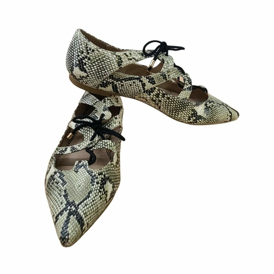 TOPSHOP Womens Faux Snakeskin Leather Lace up Pointed Toe Flats Size 7.5 US - Image 1 of 4