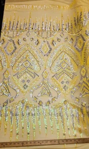 Irisierend Gelb/Hol Silber Stretch Spandex Mesh Pailletten Stoff "Aztec Tribal" - Bild 1 von 7